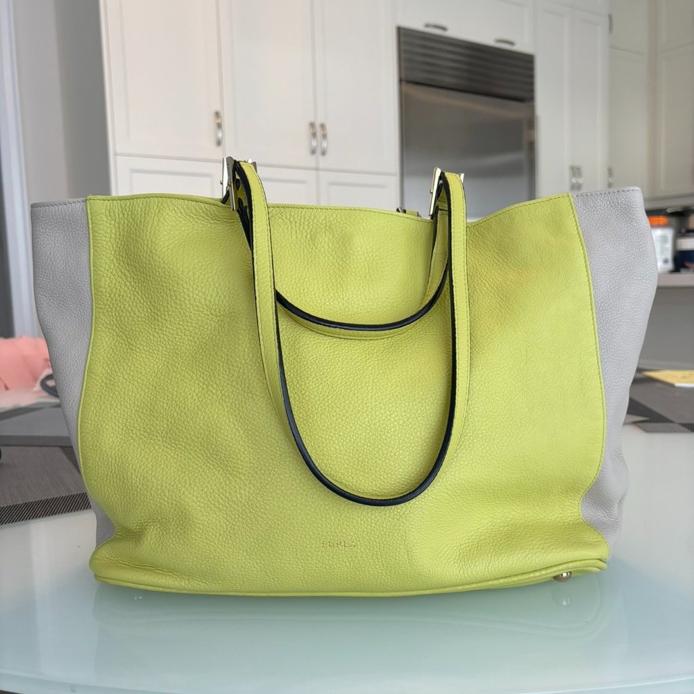 Furla yellow/beige leather tote bag